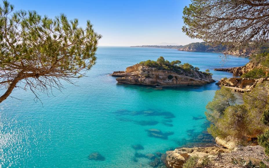 Cala rocosa con aguas turquesas en la Costa Daurada, rodeada de pinos